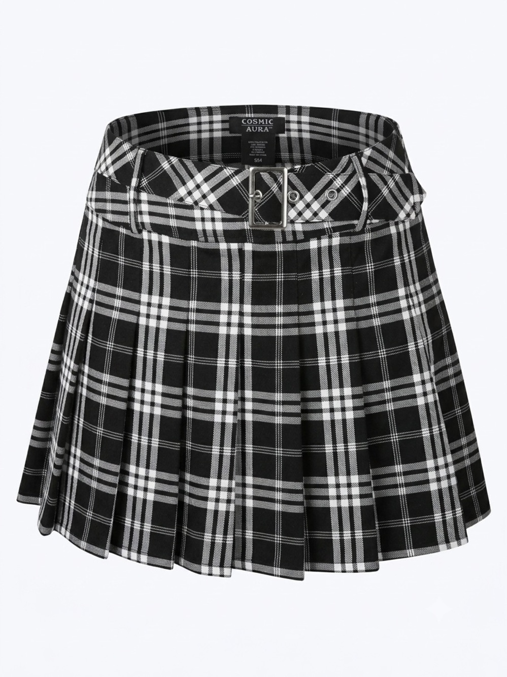 Cosmic Aura Black & White Plaid Pleated Mini Skirt with Belt - Size S
